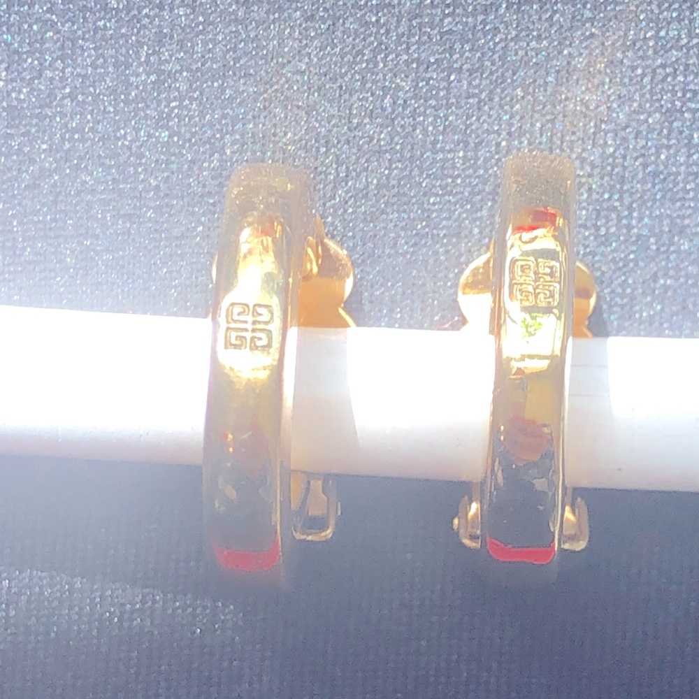 Vintage GIVENCHY Shiny Goldtone Iconic Interlocking “GG” Clip On Hoop Earrings